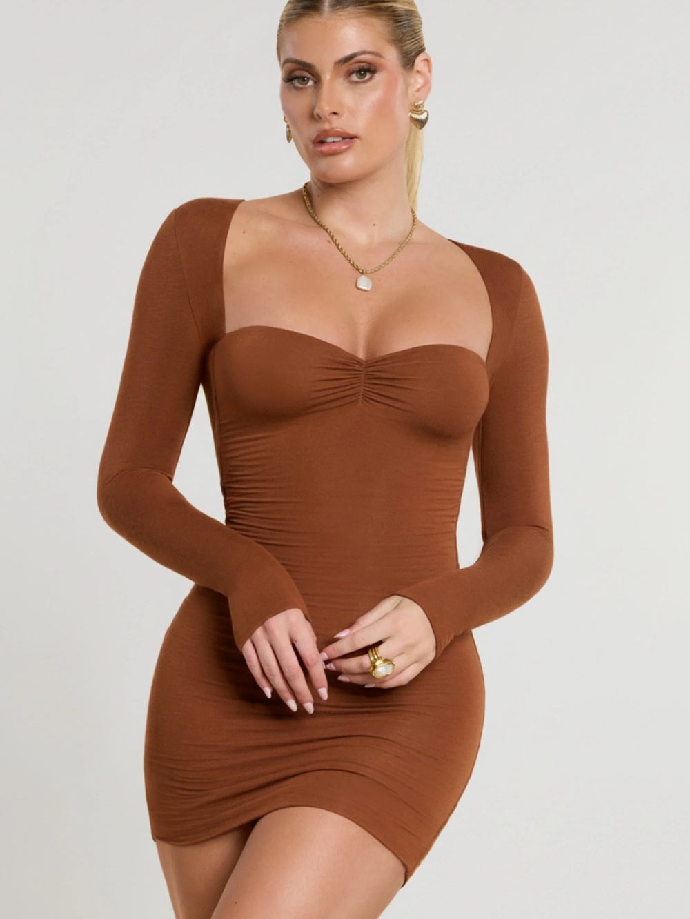 Oh Polly Brown Long-Sleeve Bodycon Mini Dress